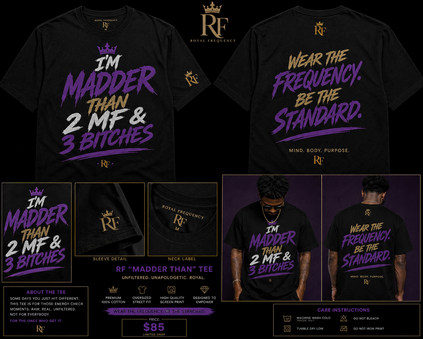 RF “Unfiltered Energy” Tee
(Alt name: RF “Madder Than” Statement Tee